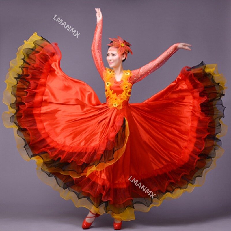 360 Degree Performance Stage Practice Dance Dress Gypsy Girls Women Spanish Flamenco Skirt Striped Satin Belly Dancing Costume