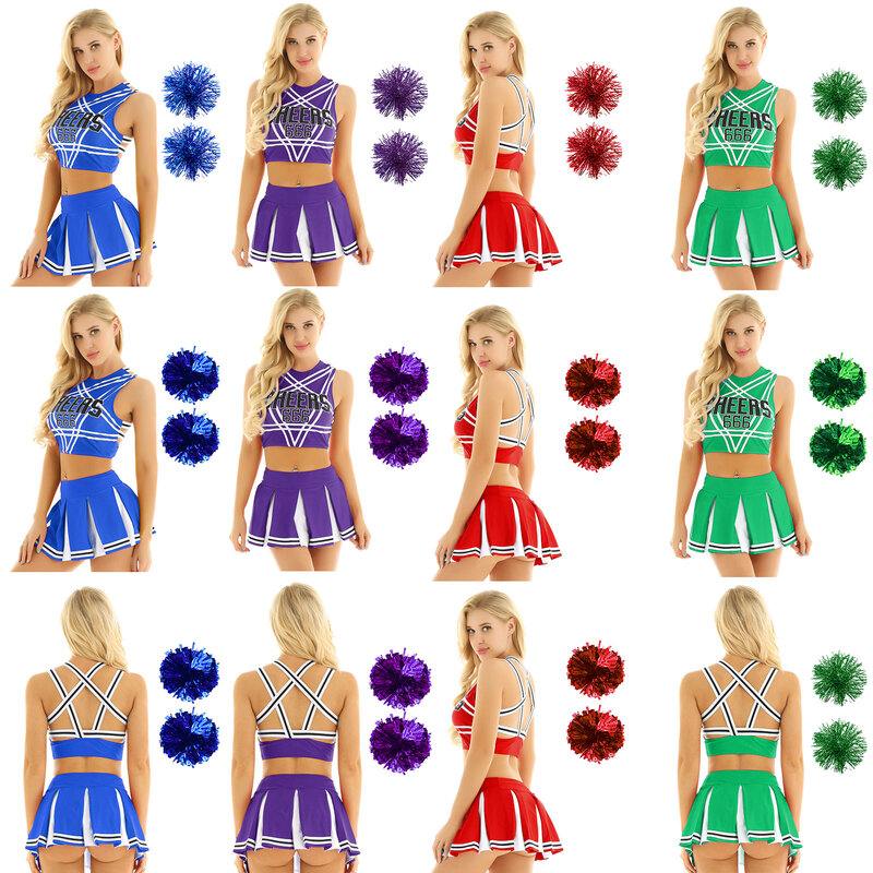 Womens Bedrukte Cheerleading Uniform Mouwloze Strappy Rug Crop Top Met Mini Geplooide Rok En 2 Stuks Bloemenballen Outfits