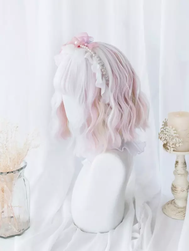 Wig sintetik warna ganda merah muda putih 12 inci dengan Wig rambut bergelombang alami pendek untuk wanita Cosplay Drag Queen tahan panas