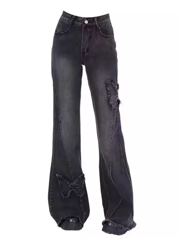 Женские свободные джинсы-клеш с заниженной талией и необработанными краями