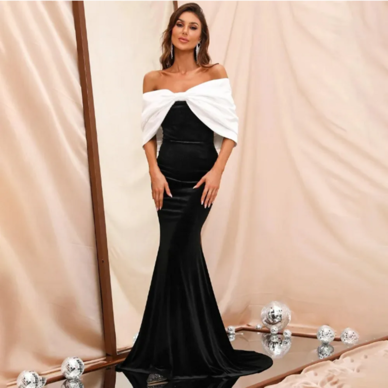 Elegant Mermaid Evening Formal Dress 2024 Women Off Shoulder Bow Contrast Color Satin Prom Party Gowns With Train Robe De Soiree
