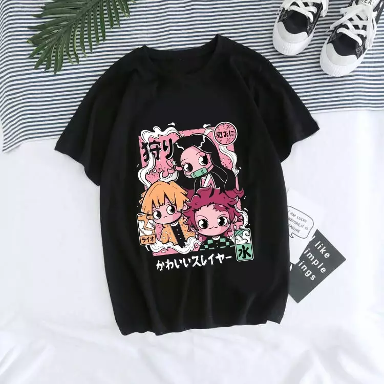 Women T-shirt Kaus Grafis Anime Demon Slayer Uniseks Tanjirou Kamado Kaus Wanita Kimetsu No Yaiba Nezuko Kaus Wanita