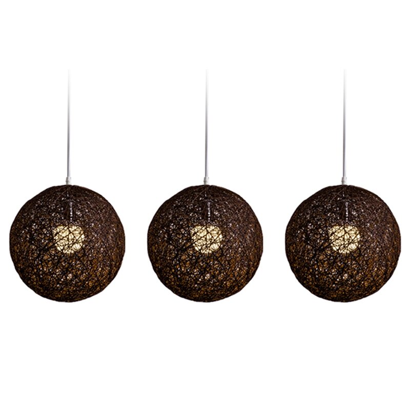 Lustre en boule de jute et bambou café, 3X, sphères créatives individuelles, abat-jour accent en rotin