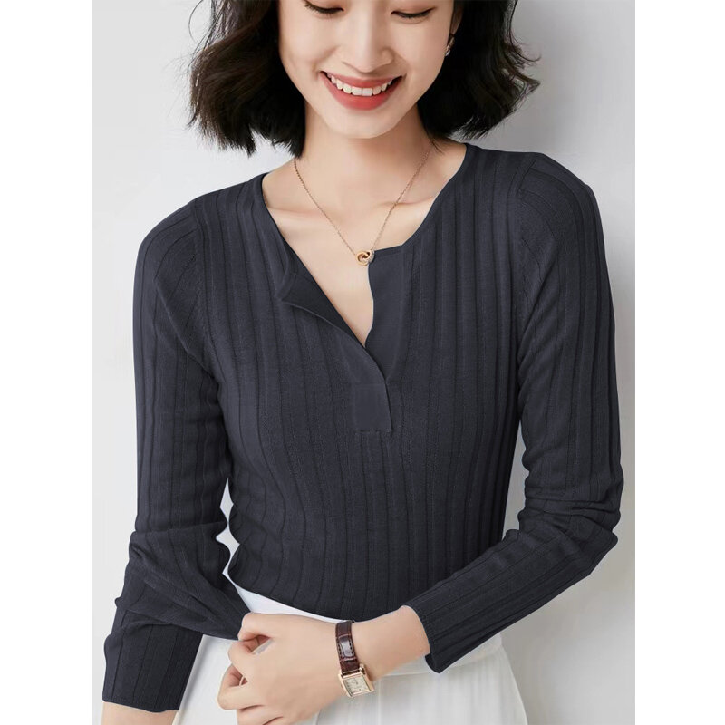 Jersey de lana de estambre para mujer, suéter informal de Color sólido, Tops de mujer, blusa ajustada con cuello en V, Otoño, nuevo