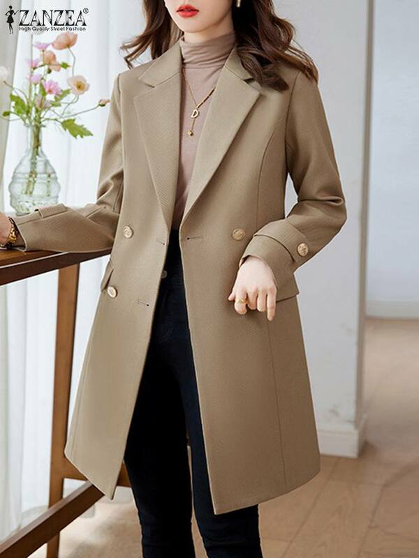 ZANZEA Women Elegant Solid Long Coat 2023 Autumn Lapel Collar Blazer Fashion Long Sleeve Jacket Casual Loose Buttons Outwears
