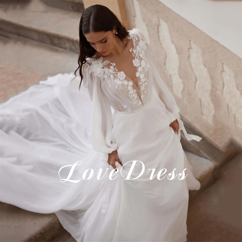 Love Elegant Lace Applique Chiffon A-Line Wedding Dresses Long Puffy Sleeve Deep V-Neck A-Line Backless Floor Length Bride Gowns