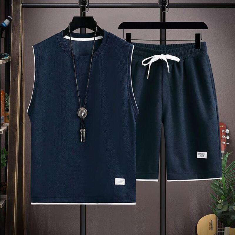 Fine Workmanship Activewear Men's Summer Casual Outfit Set Sleeveless Vest Wide Leg Shorts with Drawstring Waist Two Piece