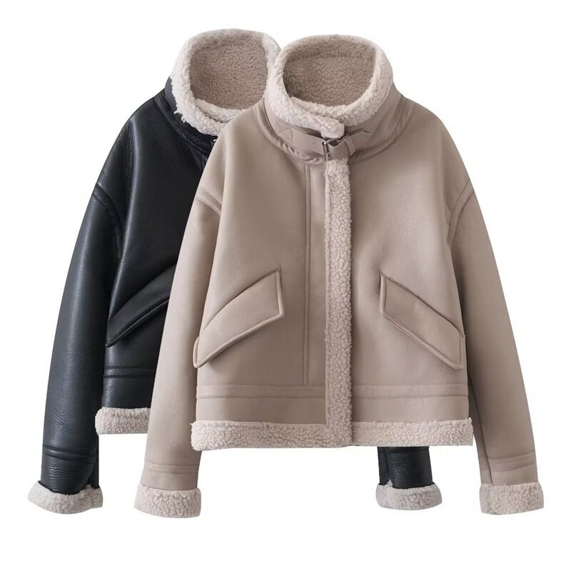 여성용 두꺼운 따뜻한 인조 가죽 시어링 재킷 코트, 빈티지 긴팔 플랩 포켓, 여성 겉옷, 시크한 상의, 패션