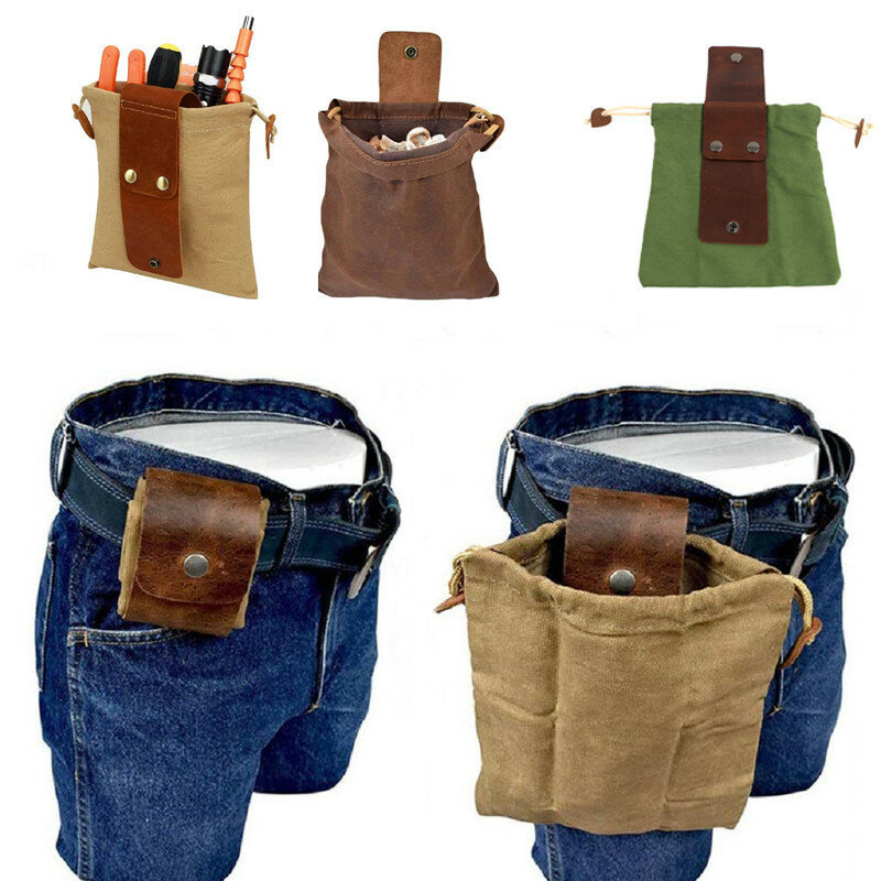 Borsa Bushcraft in pelle e tela borsa foraggiante in tela per escursionismo campeggio tesori Picking borse per cinture da campeggio all'aperto