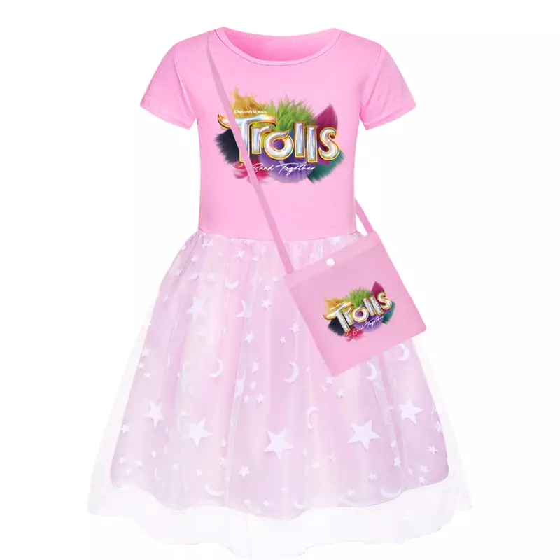Pakaian tur dunia Trolls' Musim Panas 2024 gaun kasual kartun anak gaun lengan pendek anak perempuan Vestidos pesta malam anak-anak