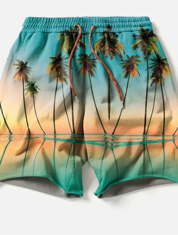Pantalones cortos de tabla para hombre, bañador con cordón, estampado gráfico de árbol de coco, secado rápido, microelástico, informal, Hawaiano