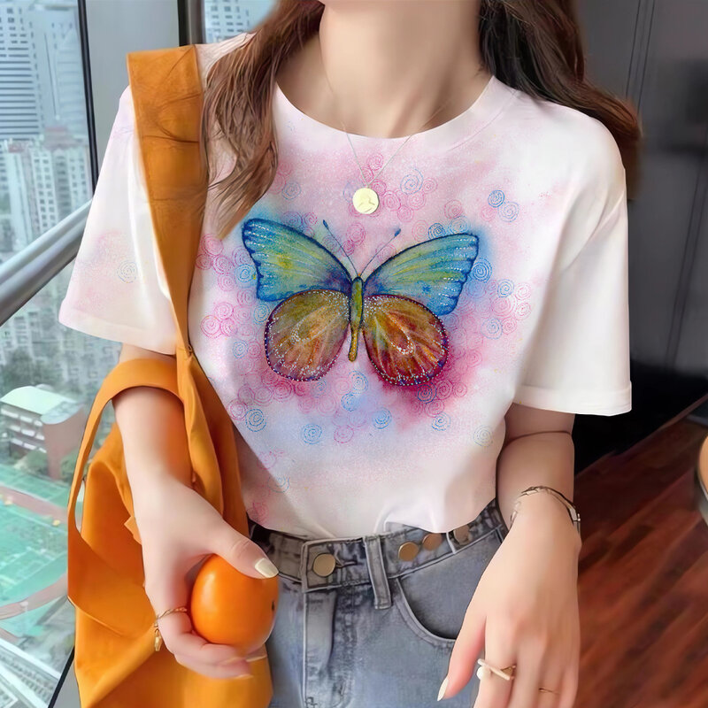 Kaus wanita lengan pendek, kaus atasan ukuran besar warna gradien mode kasual leher bundar musim panas cetak kupu-kupu 3D