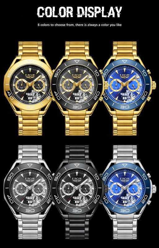 LIGE jam tangan pria Dial laut biru jam tangan kuarsa bisnis mewah merek Top jam tangan Chronograph bercahaya baja tahan karat Jam Pria
