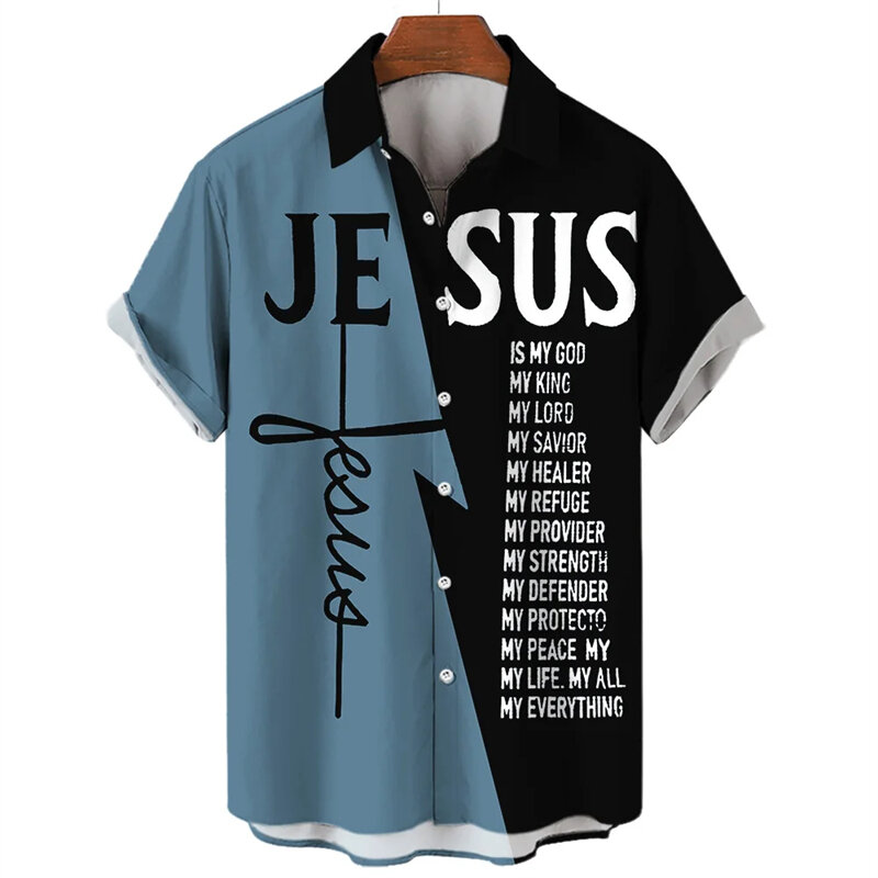 Baju kasual Tuhan Yesus 3D untuk pria, blus kerah motif grafis kesatria modis lengan pendek