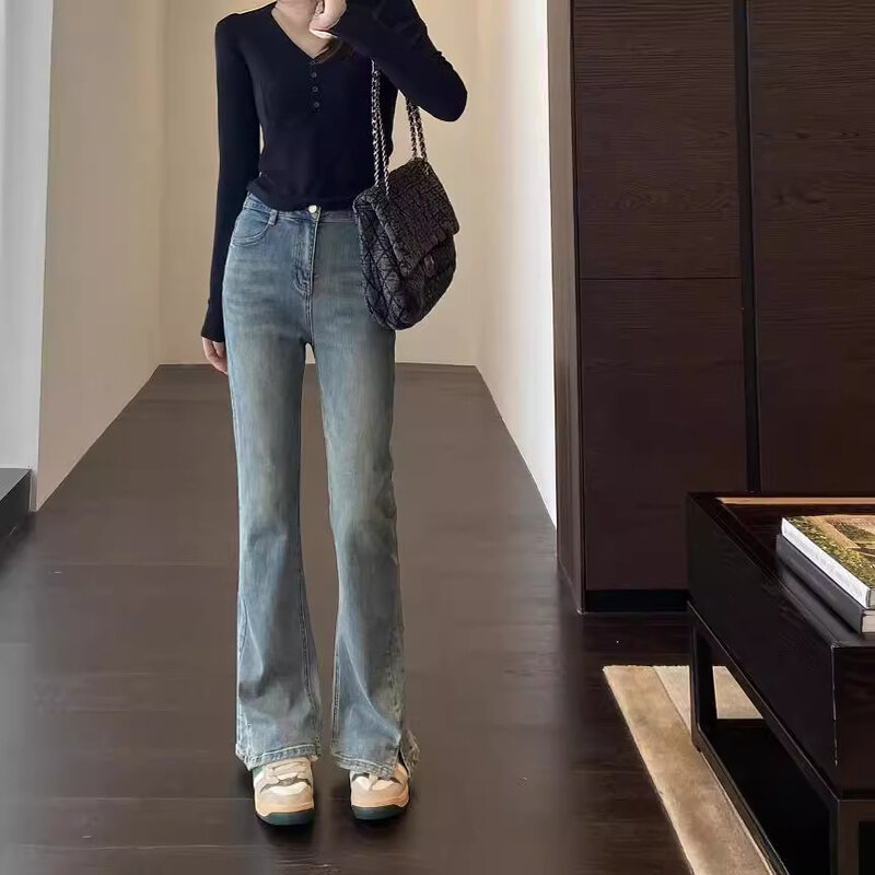 Fashion Slit Pants Long Legs high Waist Slim Micro Flare Pants Slim Jeans Women 2024 New Autumn