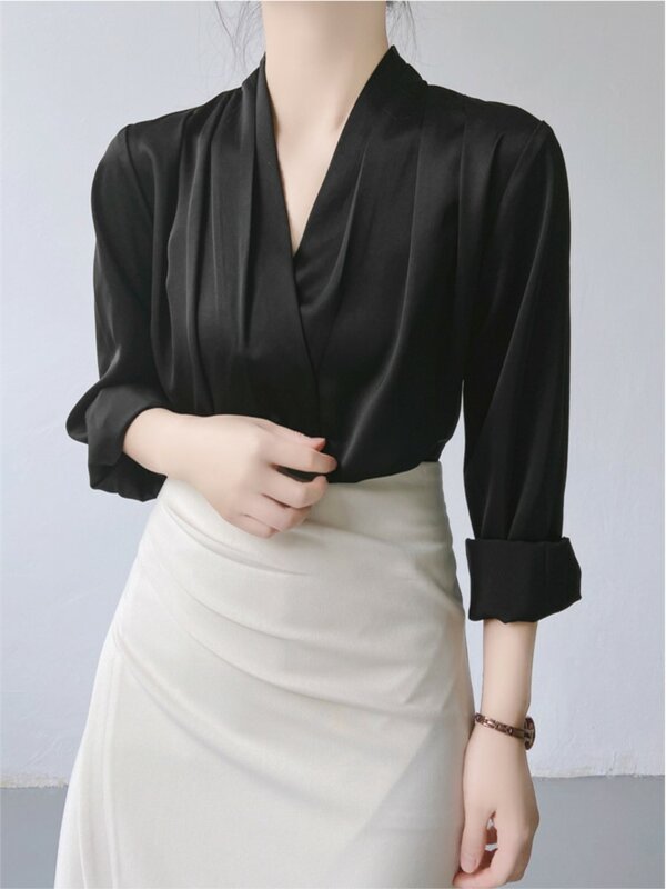 Damskie jedwabne koszule biznesowe 5XL 6XL jesienne szyfonowe bluzki w koreańskim stylu uliczna kobiet eleganckie luksusowe satynowe bluzki z dekoltem w szpic z długie składane rękawem