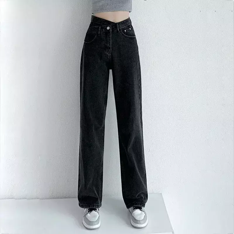 ZOENOVA-Jeans de cintura alta para mulheres, calças largas, calças mãe, preto e azul, roupa de mulher, 2023