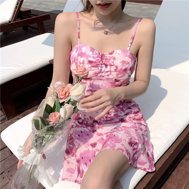 New Korean Ins Holiday Wind Chiffon Smudged Sling Smocked Fishtail Dress Picture Color Floral Suspenders Slim Fit Dress A-LINE