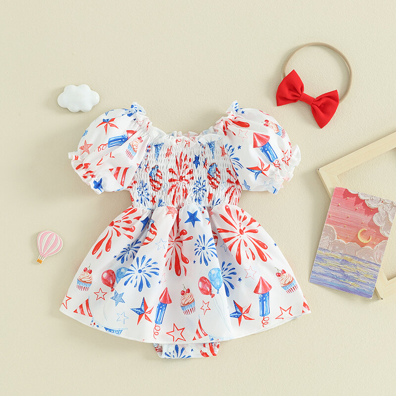 Baby Girl 4th of July Romper Dress Star Balloon Print Short Puff Sleeve Shirred Jumpsuit with Bow Headband