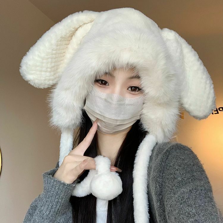 Winter Fury Cute Rabbit Ears  Children's Warm Ear Protection Wrap Cold Hat Thickened Pullover Hat