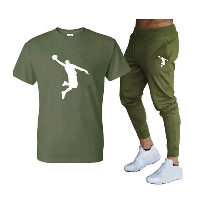 세트 브랜드 반팔 티셔츠 및 바지 2 종 세트 남성용 운동복, 피트니스 조깅 스포츠 바지 운동복 세트, 2024 여름