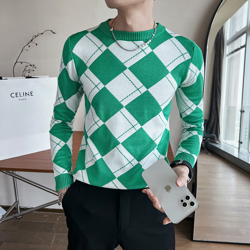 2023 Autumn Winter Stretch Jacquard Woven O-Neck Sweater Men's Waffle Slim Fit Plaid Knitted Pullovers Casual Streetwear Homme