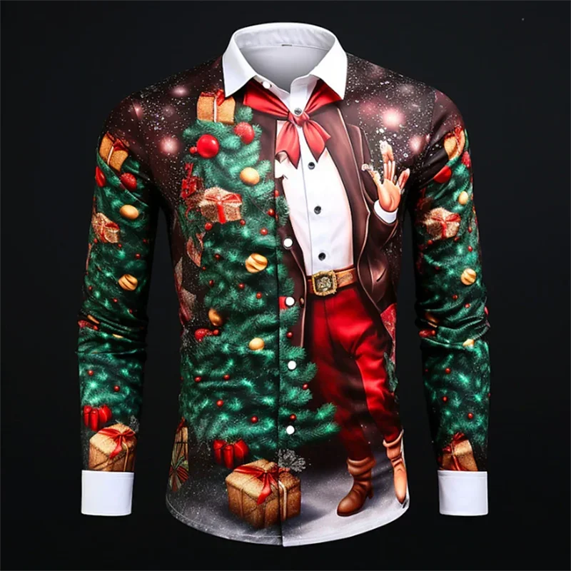 Chemise Père Noël rouge à boutons tendance, nouveau style festif, motif HD, matériau élastique doux et confortable, design design, grande taille, 2024