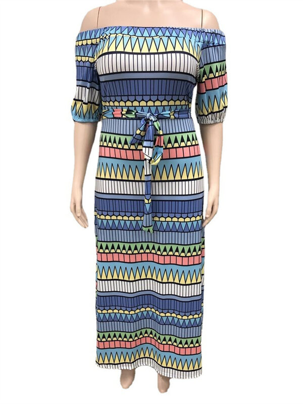 Wmstar Plus Size Women Clothing Summer Dress Wholesale Off Shoulder Elegant Striped Print Full Length Maxi Dresses Dropshipping
