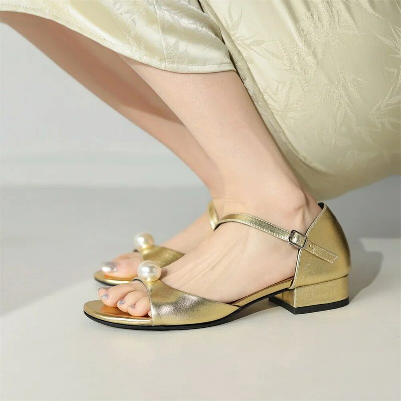 RIZABINA damskie sandały z prawdziwej skóry perłowa dekoracja na obcasie letnie codzienne buty damskie z okrągłym noskiem jednokolorowe buty imprezowe
