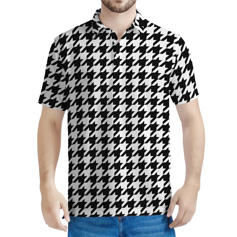 قميص بولو كلاسيكي للرجال بنمط Houndstoo ، تي شيرت مطبوع ثلاثي الأبعاد بطية صدر ، قمم قصيرة الأكمام للشارع ، تي شيرتات بأزرار كبيرة ، الصيف