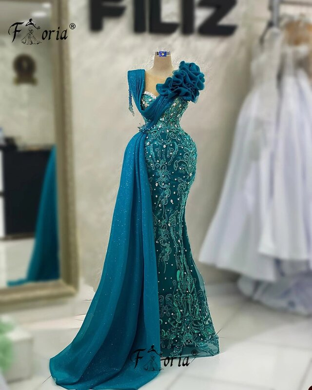 Elegant Beaded Lace Appliques Mermaid Formal Evening Dreses Crystal Ruffles Tulle Prom Dress Long Party Gown Custom Made Soiree