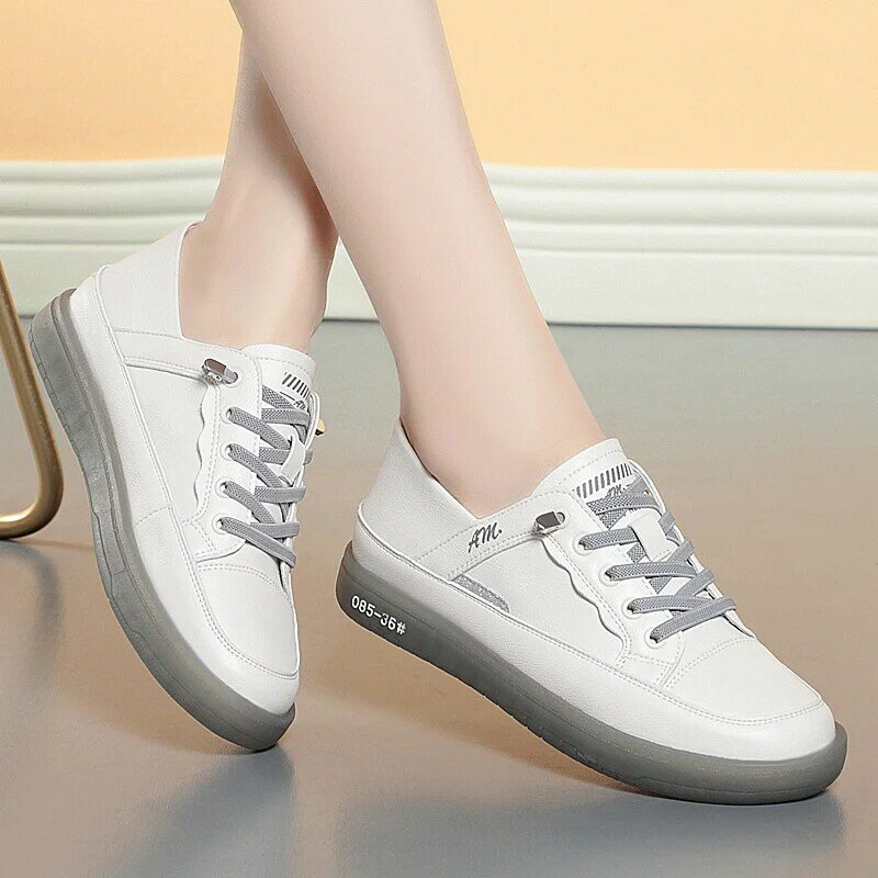 Women's Lace-up Breathable Soft Leather Sneakers  Casual Fashionable Sports Shoes Vulcanized  Summer Flat Low Heel Shoes