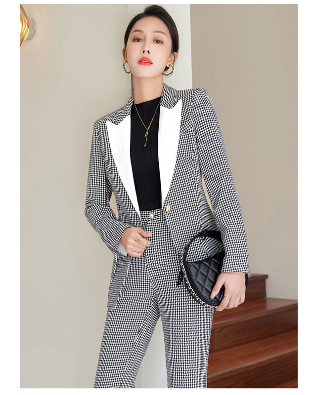 Plaid Women Suits 2 Piece Blazer+Pants Houndstooth Formal Office Lady Business Work Wear Fashion Girl Coat Trousers Prom Dress