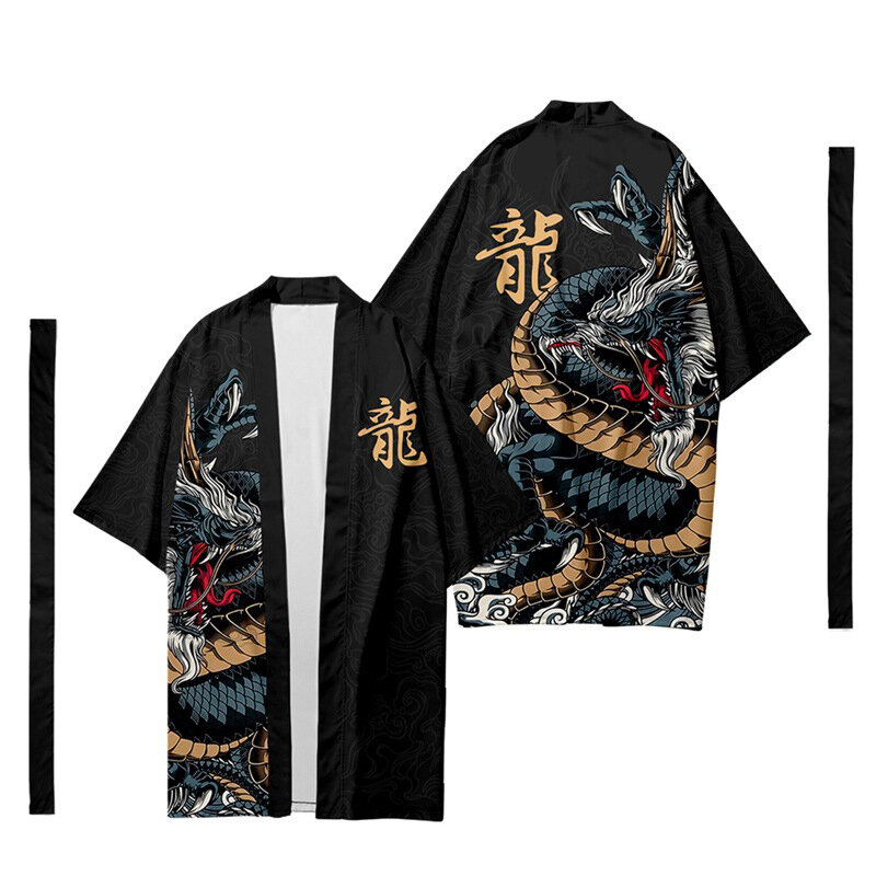 일본 기모노 가디건 팬츠 세트, 드래곤 프린트, 전통 셔츠, 유카타 하오리 오비 코플레이 의상, 라지 사이즈, 6XL, 7XL