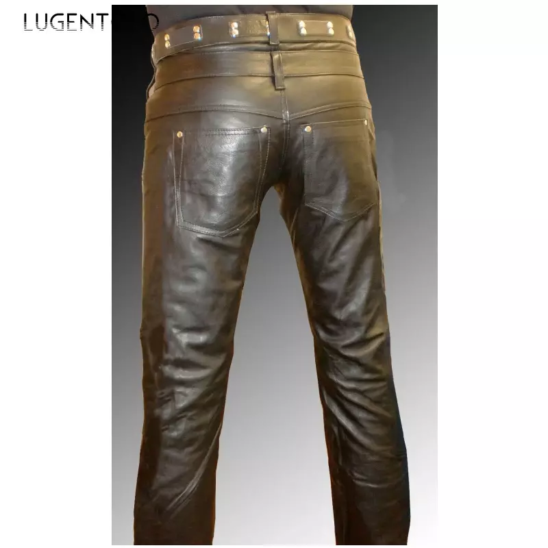 Men PU Pants Black Faux Leather Zipper Casual Trousers Large Size Mid Waist Straight Street Mens Clothing