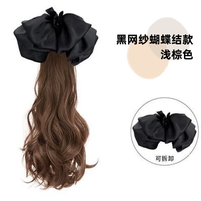 Best-selling ponytail wig for women on Douyin. It has clip-style bow, curly hair, low-tie, and is made of chemical fiber. Suppor