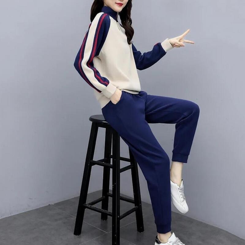Setelan pakaian olahraga wanita, warna kontras cocok dengan kerah berdiri Sweatshirt pinggang elastis nyaman musim dingin untuk wanita