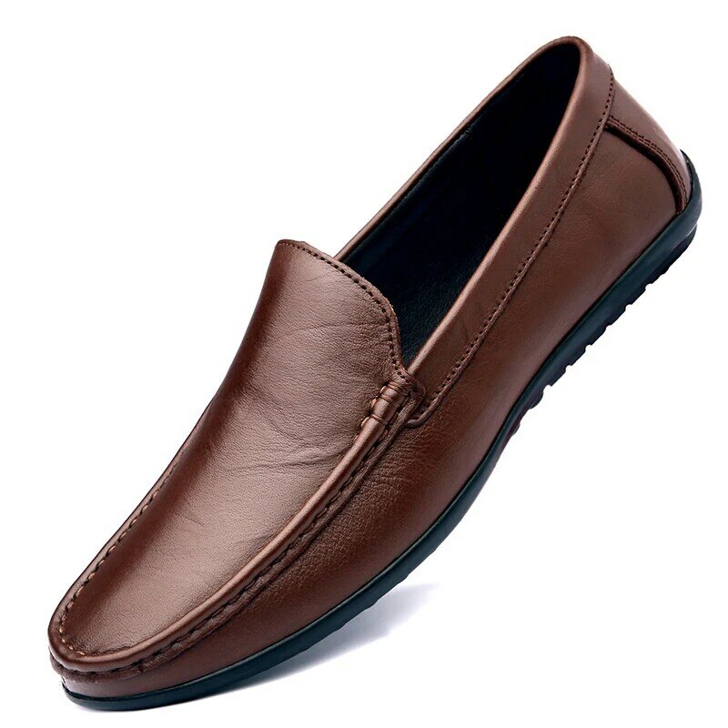 Slip on sepatu kulit kasual pria pantofel gaya ringkas Hitam Coklat pantofel musim semi musim gugur Italia desainer merek