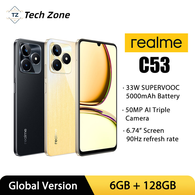 Realme C53 스마트폰, 50MP AI 카메라, 33W SUPERVOOC 충전, 5000mAh 배터리, 6.74 인치, 90Hz 디스플레이, 6GB, 128GB, 월드 프리미어