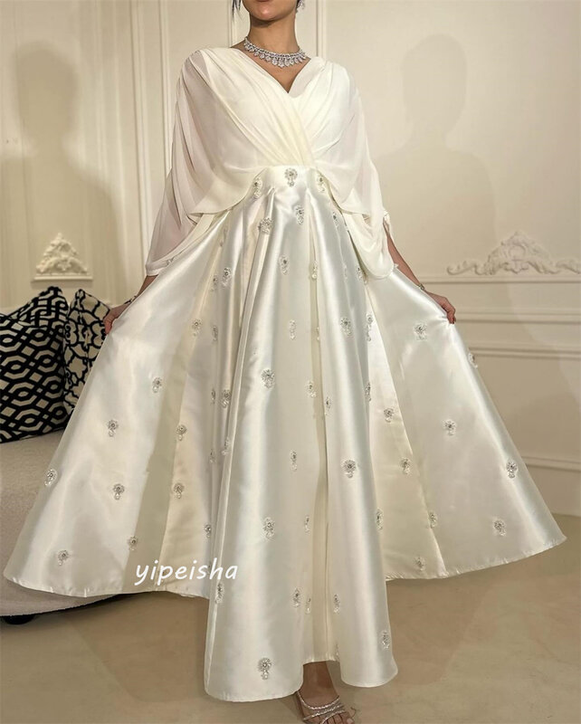 Jiayigong  Satin Draped Applique Pleat Evening A-line V-Neck Bespoke Occasion Gown Long Sleeve Dresses