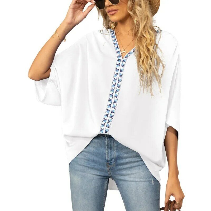 여성용 시폰 브이넥 반팔 블라우스, 시원한 여름 유럽 미국 상의, 캐주얼 루즈 롱 셔츠