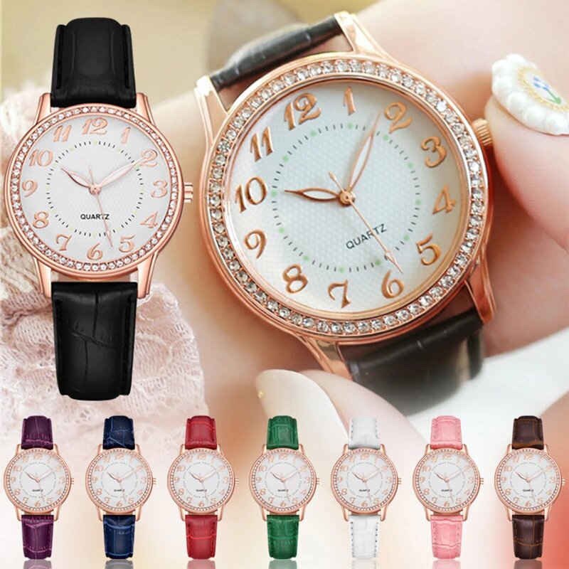 Relógio luminoso de diamante feminino, cinto de quartzo feminino, pulseira de couro