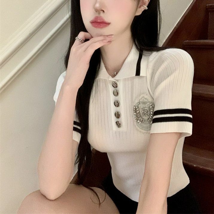 Korea Women Fashion Summer Sweet Cute Diamond Preppy Color Matching Short Sleeved Ice Silk Knitted Polo Shirt Top