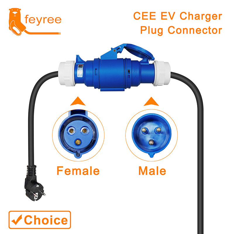feyree EV Charger CEE Female Plug 3 Pins Adapter Waterproof Connection WallMount Socket 32A 1Phase 7KW Portable Charger