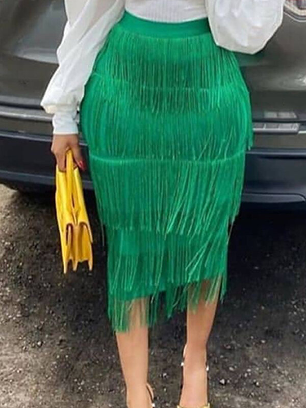 Zielone frędzle Bodycon spódnice ołówkowe z frędzlami wysoki stan kobiety strój ze streczu Midi długość damskie Slim Jupe Saias faldas