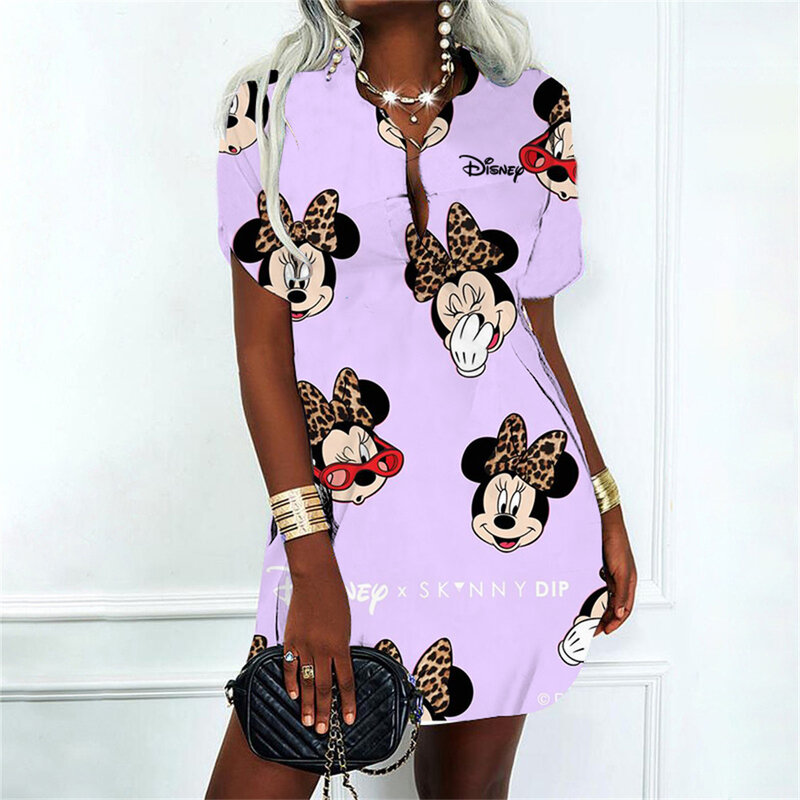Koreanische Mode elegante Frauen kleider für Party 2024 Kleid Polos hirts Frau Kleidung V-Ausschnitt Mickey Disney Y2k Minnie Maus sexy