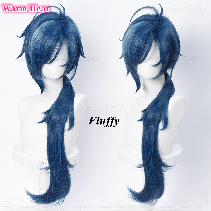 Kaeya-Peluca de Cosplay de fibra resistente al calor, peluca larga de Anime con pendiente, azul oscuro, 85cm/80cm, 2 estilos