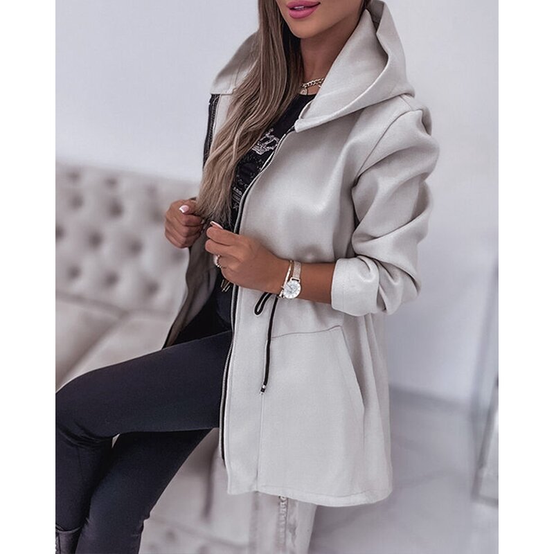 여성용 우아한 가을 포켓 지퍼 디자인 드로스트링 후드 코트, 단색 긴팔 재킷, 캐주얼 패션 의상 의류