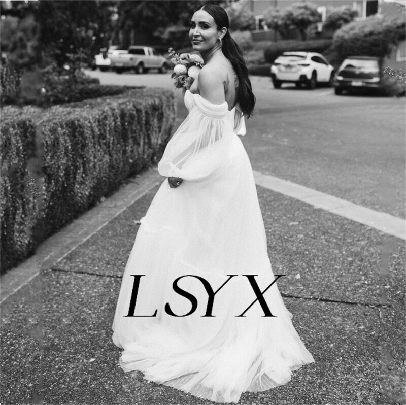 Lsyx-チュールのウェディングドレス,オフショルダー,フレアスリーブ,レースアップ,バックコートトレイン,ブライダルガウン,カスタムメイド