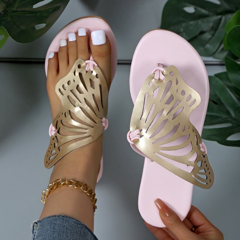 2024 New Large Size Hollow Breathable Flat Bottom Slippers Women's Clip Toe Butterfly shaped Fish Mouth Slippers